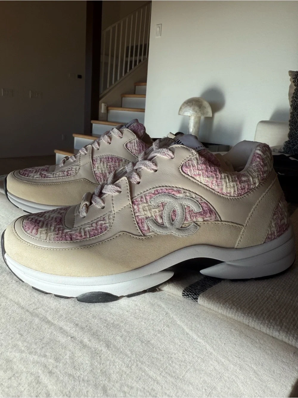 CHANEL Beige Suede & Pink Tweed Women's Sneakers